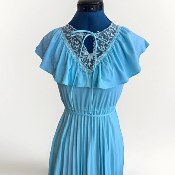 Vintage 70s Miss Hart California Blue Peasant Prairie Victorian Lace dress *Flaw - Picture 2 of 14